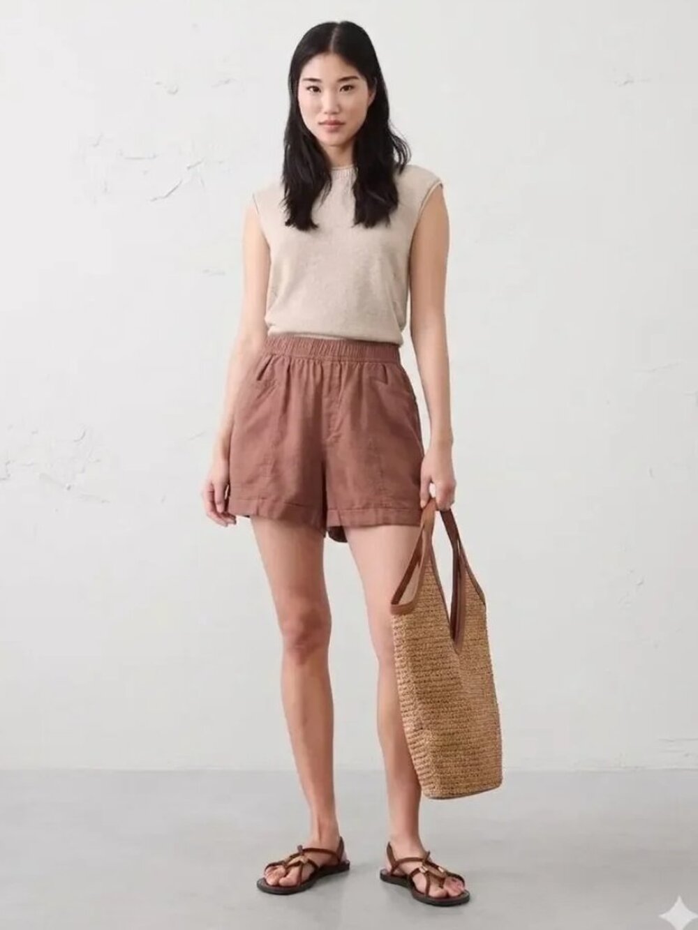 High Waisted Linen Tie Waist Shorts in Driftwood / Taupe - size Small